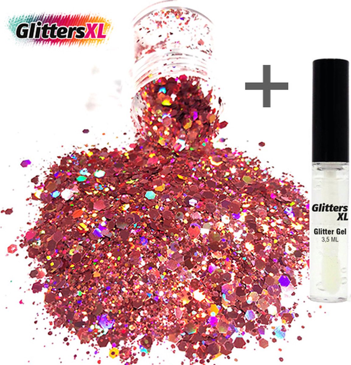 GlittersXL - Chunky Glitters (Rose Goud) (Volume 8g) + Glitter Huid Lijm [Festival Makeup Gezicht Lichaam - Face Body Glitter - Biologisch afbreekbaar - Versiering Dames Volwassen Kinderen]